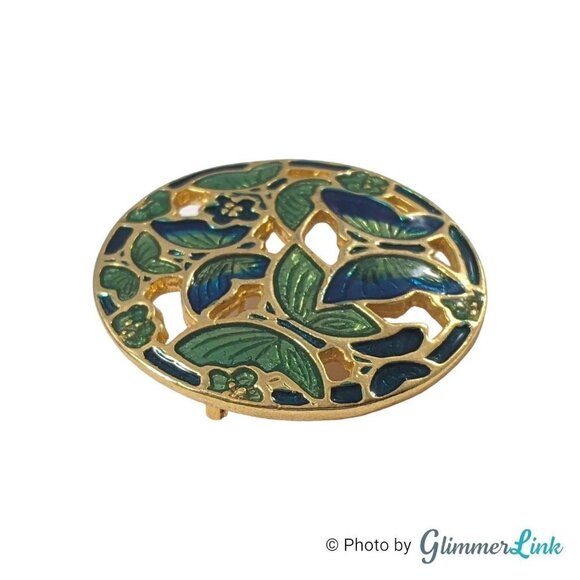 Vintage Butterflies Blue & Green Cloisonné Enamel Gold Tone Round Brooch - Picture 5 of 9